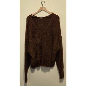 Women Free People Icing V Neck Pullover Sweater Mocha Java Brown Slouchy Size XL